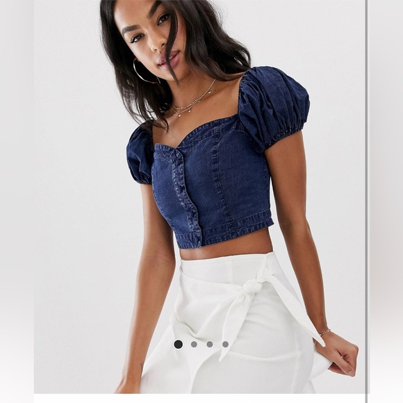 ASOS Design Dark Denim Crop Top with Puff Sleeve Size US 6 - Picture 9 of 9